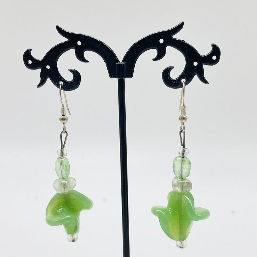 Green Clover Dangle Earrings Pierced Floral Boho